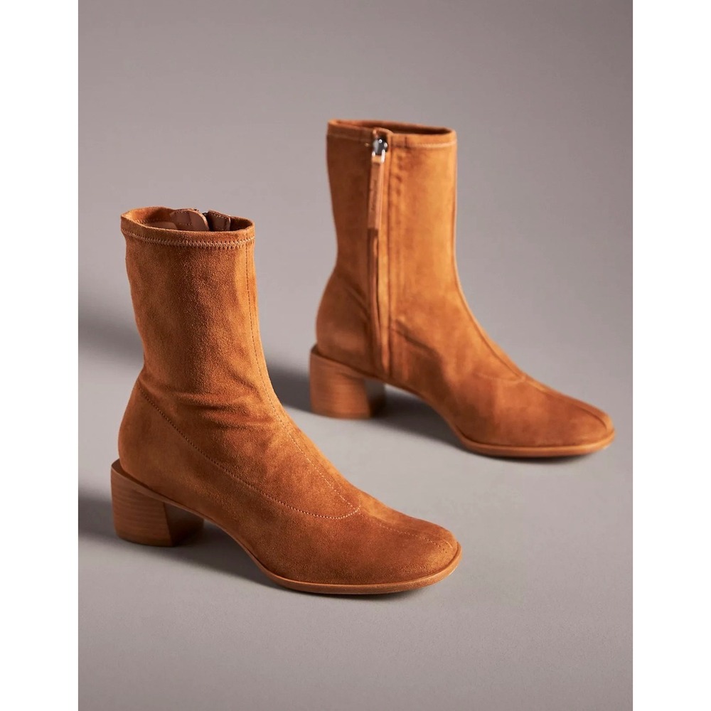 Reformation Louie Stretch Sock Boot Women 8.5 Brown Suede Square Toe Block Heel - Picture 2 of 13
